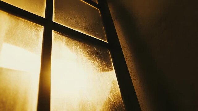 Golden sunlight entering through a dirty window pane, creating warm reflections and a defused glow, illuminating the interior space with a calming and peaceful ambiance