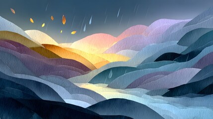 Abstract Colorful Mountain Landscape Painting with Rain and Falling Leaves