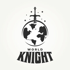 sword and earth line art icon logo vector illustration design. protect, defense, power logo concept