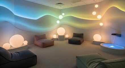 Modern sensory room with colorful lighting and comfortable seating