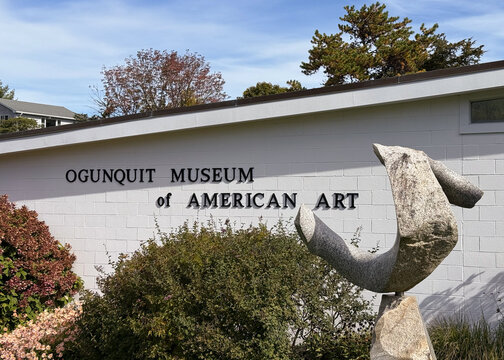 Ogunquit Museum of American Art sign on the museum facade. Close up - Ogunquit, Maine, USA - October 3, 2025