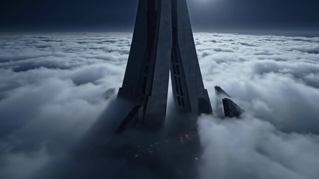 Sweeping aerial drone shot panning over a colossal, brutalist, monolithic structure with razor-sharp edges emerging from thick, swirling nocturnal fog mist, moody, edges