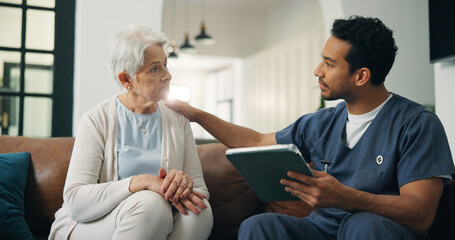 Nursing home, old woman and nurse with tablet, support or consultation with health report on website. Healthcare, man and caregiver with tech for medical results, care and empathy for senior person © WesJVR/peopleimages.com