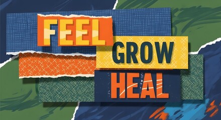 Vibrant inspirational words feel grow heal on colorful torn paper background