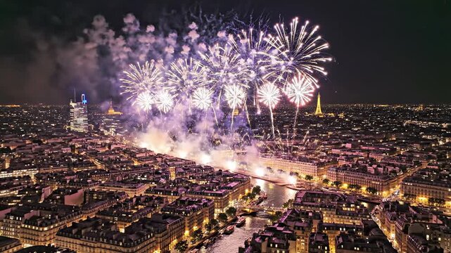 Sweeping drone shot over a vast European metropolis with multiple simultaneous fireworks lighting up the entire urban landscape on a festive night festive, grand, global