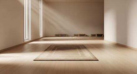 Fototapeta premium Empty prayer room with soft natural light and simple interior, creating a peaceful and spiritual atmosphere suitable for reflection and calm concepts.