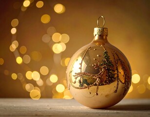 A shiny gold Christmas ornament with a festive scene on a bokeh background