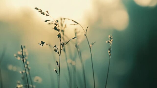 Wild grass stem stands out in focus against a softly blurred background, catching morning sunlight and creating a serene, natural scene with warm and cool tones