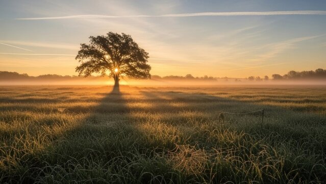 A lone tree stands in a vast, misty field at sunrise, casting a long shadow on the grassy landscape.