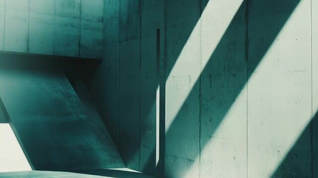 Empty concrete room featuring abstract geometric shapes formed by parallel beams of natural light and deep shadows, highlighting modern minimalist design and solitude