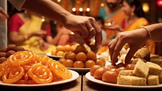 Traditional Indian sweets and family celebration with warm lighting