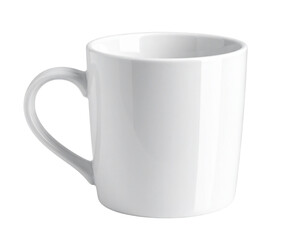 A clean, white ceramic mug with a curved handle stands against a black background