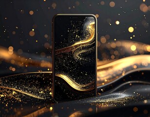 A sleek smartphone on a dark background with gold accents
