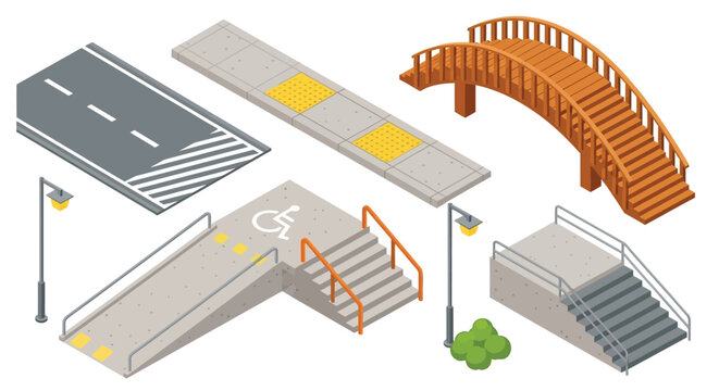 Isometric view of various pedestrian pathway elements and accessibility features
