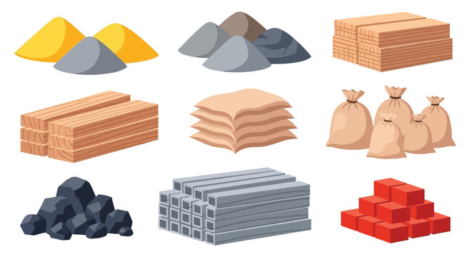 Construction materials piles of sand stone wood and brick