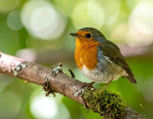 A small bird perches on a mossy branch against a blurred green background