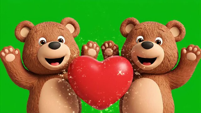 Cartoon Bears Holding Red Heart Green Screen - Two cartoon teddy bears are holding a sparkling red heart on a green screen background. The bears are smiling and appear to be happy.