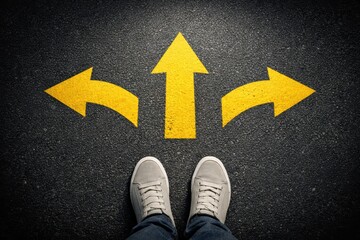 Fototapeta premium Navigational Dilemma: A solitary figure, standing at the precipice of choice, confronts three divergent pathways marked by symbolic directional arrows
