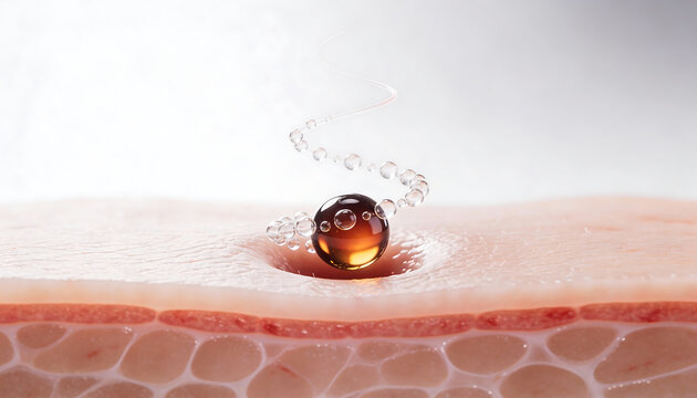 active serum droplet penetrating skin pore with microbubbles showing absorption and delivery skincare dermatology concept 3d illustration
