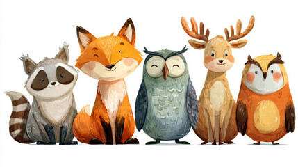 Obraz premium Cute animal character woodland animal cartoon forest fox raccoon owl deer illustration children adorable