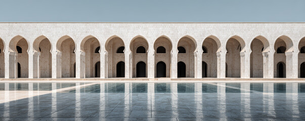 Naklejka premium Arch arcade reflection symmetry courtyard pool mosque architecture Graceful arch arcade reflection symmetry courtyard pool mosque architecture
