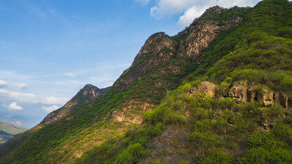 Obraz premium Aerial drone panoramic natural landscapes of Lambayeque, Peru, featuring forests, agricultural fields, and rural scenery near main cities and villages, ideal for tourism, marketing and graphic design