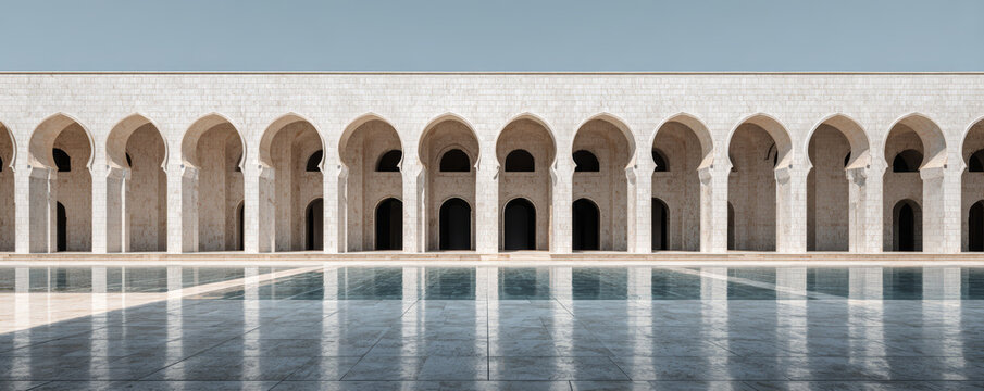 Arch arcade reflection symmetry courtyard pool mosque architecture Graceful arch arcade reflection symmetry courtyard pool mosque architecture