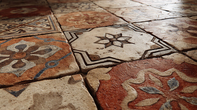 A close-up view of beautifully patterned tiles creating a sense of history and craftsmanship. The tiles display intricate designs and a rich color palette