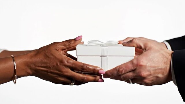 Two hands exchanging a small, white gift box tied with a delicate ribbon