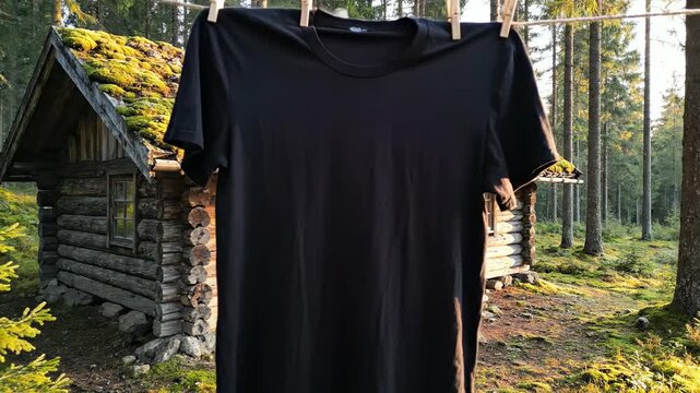 Sweeping drone shot descending over a secluded, moss-covered wooden cabin and a single black t-shirt mockup hanging prominently on an outdoor laundry line landscape, overcast, remote