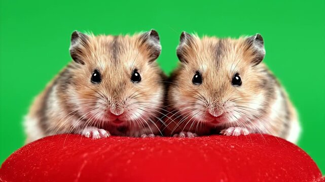 Two Hamsters on Red Surface - This video showcases two adorable, brown and white hamsters perched on a shiny red surface.