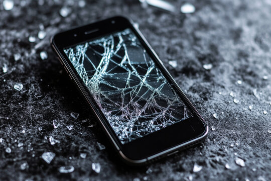 Broken smartphone cracked screen damaged phone shattered glass mobile device accident technology repair closeup wet surface broken smartphone with