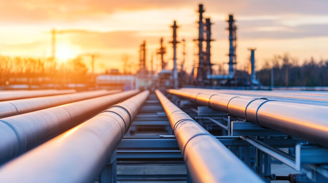 Industrial pipeline steel pipe gas pipeline oil pipeline energy infrastructure refinery sunset metal transportation fuel flow industrial pipeline