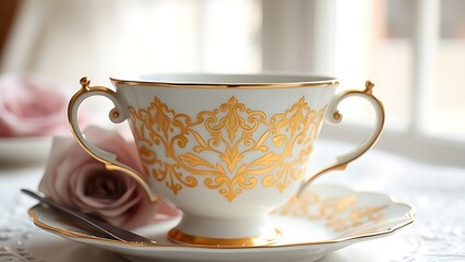 Fototapeta premium regularizing. Elegant white porcelain teacup with gold filigree patterns, soft window light highlighting delicate details. bar promotions.