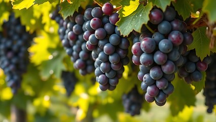 Fototapeta premium vineyard. Grapevine heavy with ripe purple grapes and morning dew, natural light. gardening catalogs, home-decor guides, designed for home decor and floral branding, used by lab technicians.