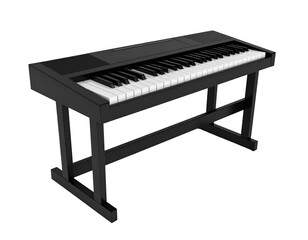 Sleek black digital keyboard with weighted keys on a matching stand