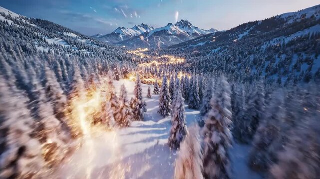 Sweeping aerial drone shot gliding quickly over vast, snow-covered pine forests illuminated by a golden magic light trail twilight, cinematic, shot