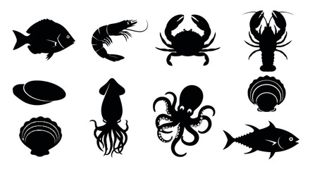 Seafood icons collection including fish, shrimp, crab, lobster, oysters, squid, octopus, scallops, and tuna for culinary and ocean themes, detailed black and white vector illustrations © Tabassum