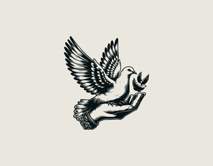 Obraz premium White dove illustration carries grenade object as symbolic balance themed tattoo design