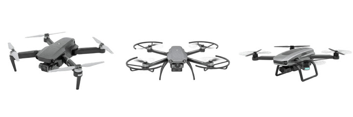 Modern professional drones set with 4k camera and propellers isolated on white background © Druvh