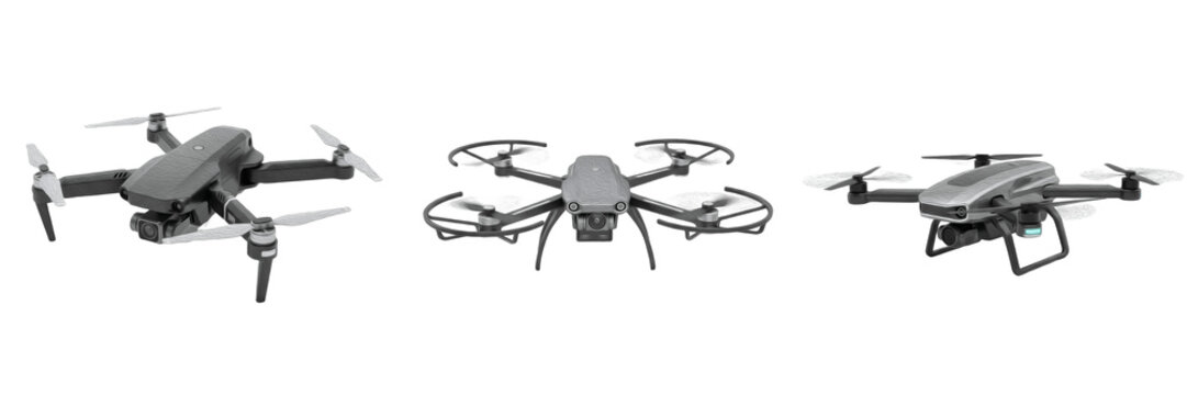 Modern professional drones set with 4k camera and propellers isolated on white background