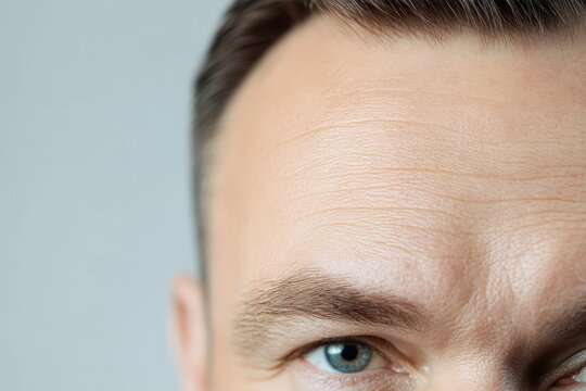 Close-up view of facial wrinkles on a man's forehead.