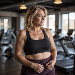 Fototapeta premium A mature woman stands confidently in a gym in sportswear waiting for a workout 