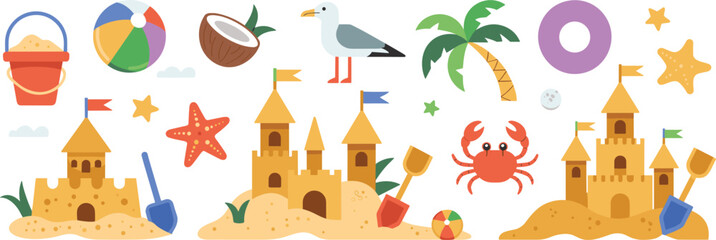 Summer beach clipart collection, sandcastle toys seagull palm tree crab starfish, colorful seaside elements, vacation illustration set © Miss