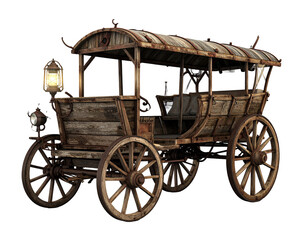 Fototapeta premium Rustic, aged wooden carriage with lantern, open sides, and spoked wheels