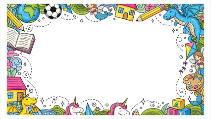 Colorful educational border with cartoon characters and school supplies