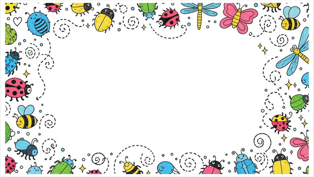 Colorful insects border with ladybugs, bees, and dragonflies