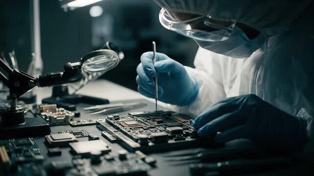 Person in cleanroom suit assembling a circuit board with precision, advanced electronics manufacturing, technology development, scientific research and quality control work.