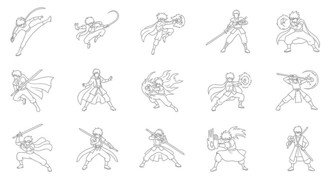 Collection of dynamic anime style martial arts poses for character design and illustration projects featuring a samurai warrior