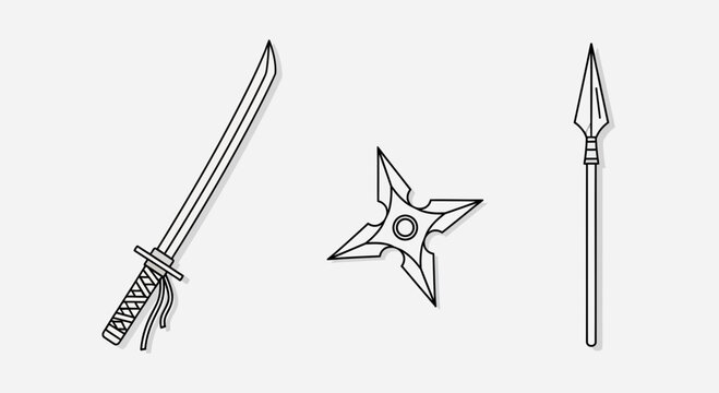 Collection of traditional japanese ninja weapons including katana sword shuriken throwing star and spear showcased in a simple black and white illustration.